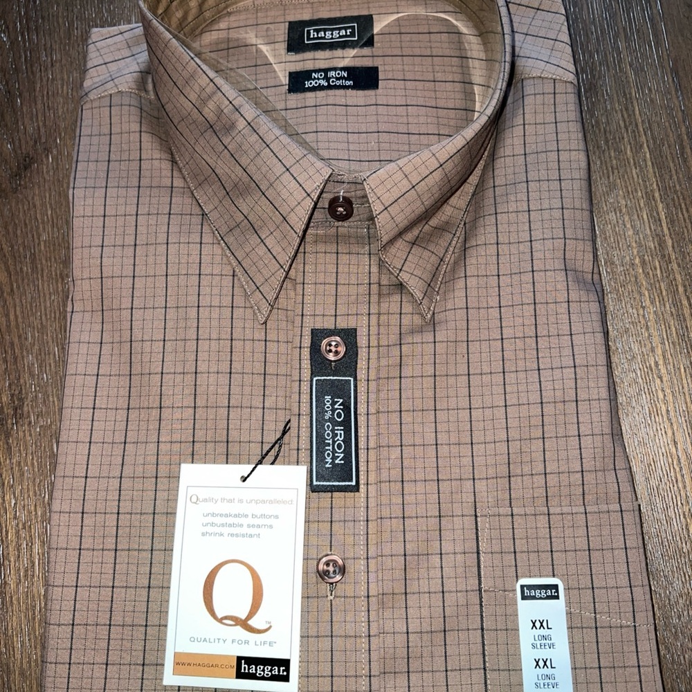 HAGGAR Men's Brown Checkered Shirt No Iron!  Size XXL